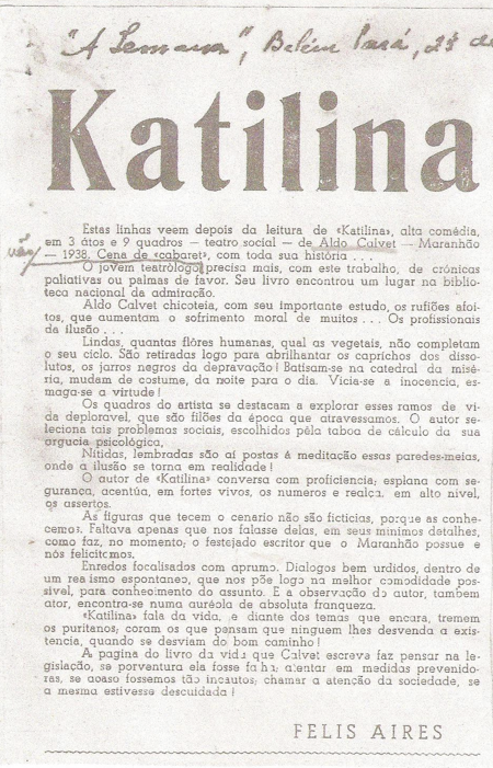 Aldo Calvet teatro dramaturgia A SEMANA, BELEM DO PARA,  23 DE DEZEMBRO 1939