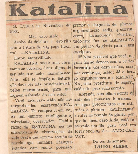 Aldo Calvet teatro dramaturgia Katalina DIARIO DO NORTE - 15.11.1938  LAURO SERRA